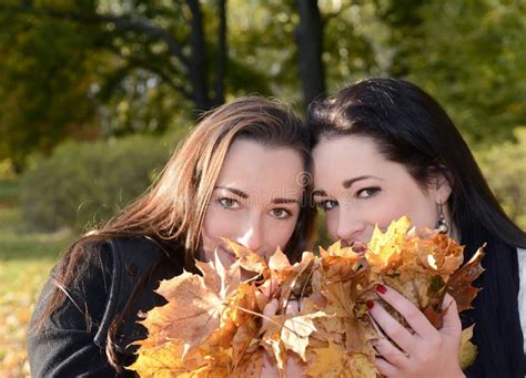 Girlfriends With Leaves Stock Photo Image Of Playing 35606352