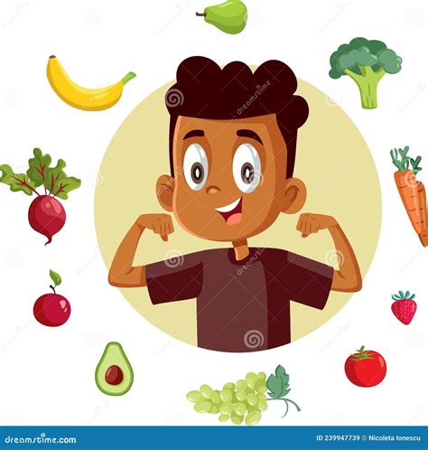 Healthy Strong Little Boy Eating Healthy Concept Cartoon Illustration