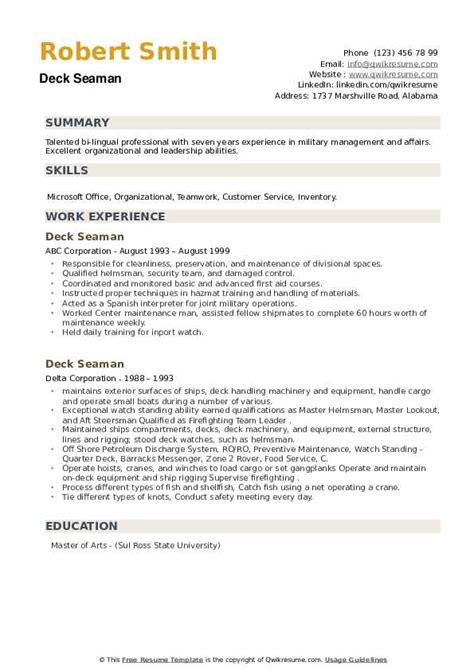 All seaman resume samples have been written by expert recruiters. Deck Seaman Resume Samples | QwikResume