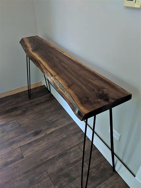 Walnut Live Edge Console Table With Industrial Hairpin Legs Mq