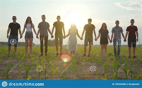 Cohesion Concept A Group Of Friends Are Holding Hands At Sunset Stock