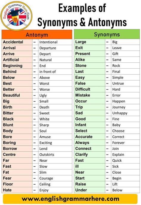 English 100 Examples Of Synonyms And Antonyms Vocabulary Antonym