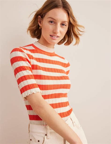 Ribbed Pointelle High Neck Top Bright Watermelon Stripe Boden Uk