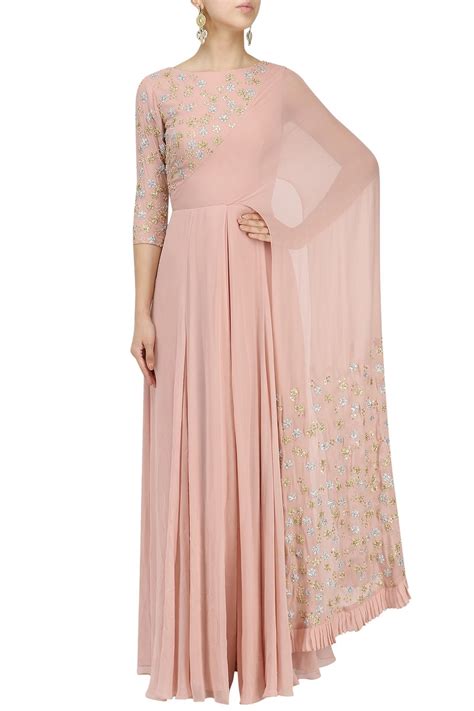 Large collection of hand picked heavy embroidered, partywear, wedding, ceremony for multi occations anarkali dresses and suits. Blush Pink Floral Embroidered Attached Dupatta Anarkali by Seema Thukral | Party wear evening ...