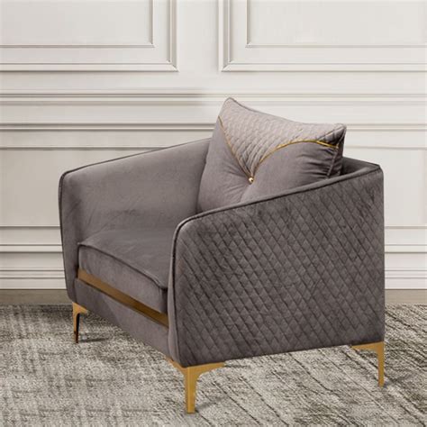 Modern Luxury Chair Gray Velvet Upholstered Accent Chair In Gold Finish