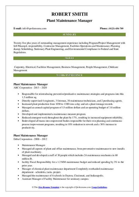 Plant Maintenance Manager Resume Samples Qwikresume