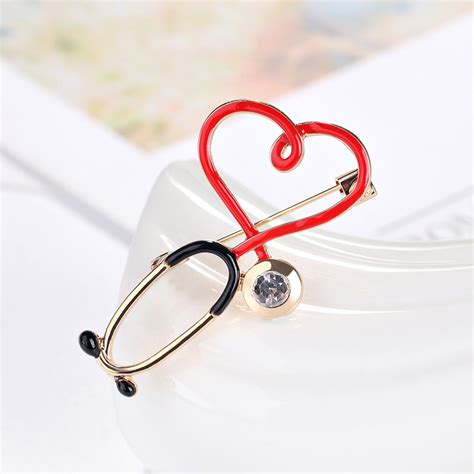 Creative Medical Brooch Pin Heart Shape Stethoscope Electrocardiogram