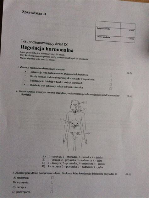 Sprawdzian Biologia Klasa 7 Regulacja Nerwowo-hormonalna Odpowiedzi - Pomożecie rozwiązać sprawdzian potrzebny na jutro help grupa A - Brainly.pl