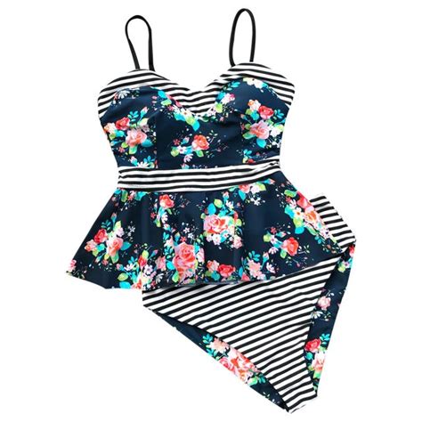 buy cupshe flower print striped high waisted bikini set women reversible ruffle