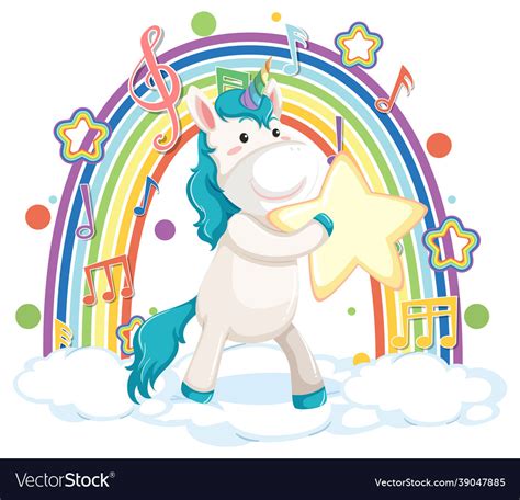 Unicorn Standing On Cloud With Rainbow And Melody Vector Image