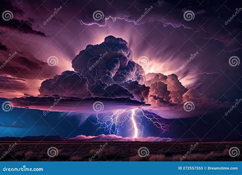 Dramatic Thunderstorm With Lightning Striking In The Distance Stock