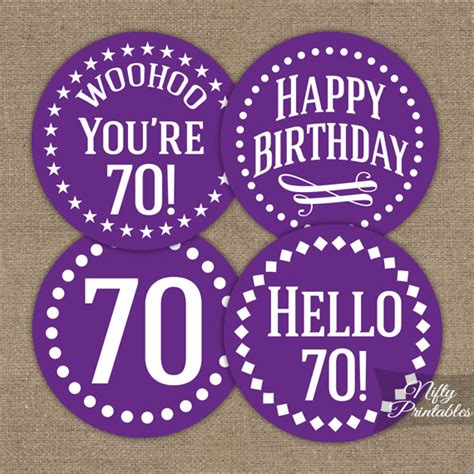 70th Birthday Cupcake Toppers Purple White Impact Nifty Printables