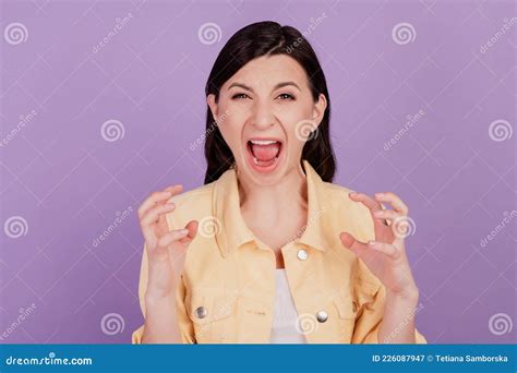 Portrait Of Crazy Mad Angry Woman Scream Yell Open Mouth On Violet Background Stock Image