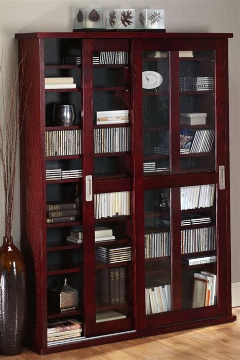 Media storage cabinet with sliding glass door. Oak Veneer Double Multimedia Case with Glass Doors - Media ...