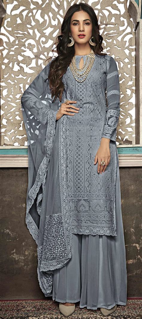 Bollywood Black And Grey Color Faux Georgette Fabric Salwar Kameez 1600637