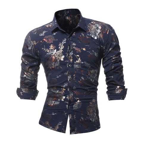 Flowers Print Mens Floral Shirts Classic Long Sleeve Casual Shirt For