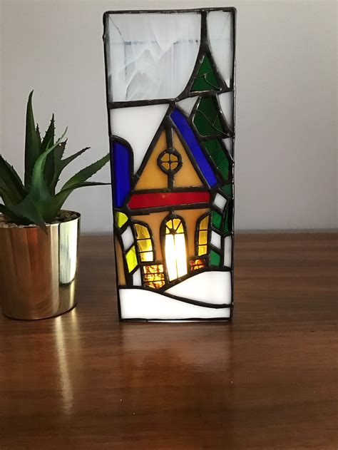 Vintage Handmade Stained Glass Candle Cover With Winter Scene Etsy