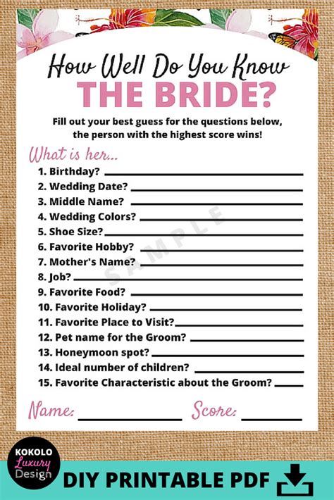 Bridal Shower Questionnaire Template