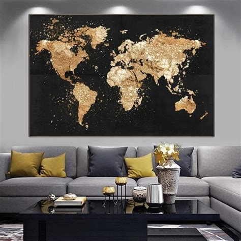 Black Gold World Map Picture Canvas Painting Modern Classic Style Wall