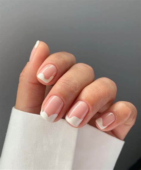 35 Nude Nails With White Details White Abstract Tip Short Nails I