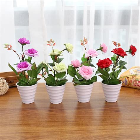 Mini Artificial Rose Silk Flower Fake Leaves Plastic Flower Pots Vase