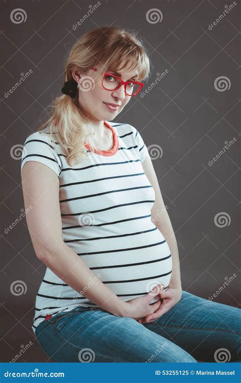 Happy Pregnant Woman Watching Her Naked Belly Stock Image Image Of