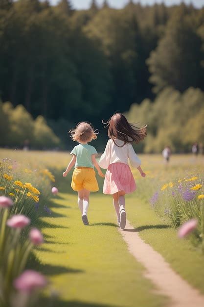 Premium Ai Image Two Girls Walking Down A Path Holding Hands One Of
