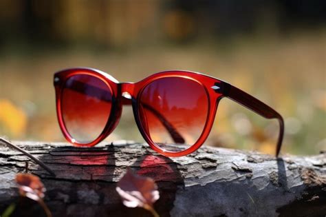 premium ai image a pair of red sunglasses sitting on top of a log generative ai