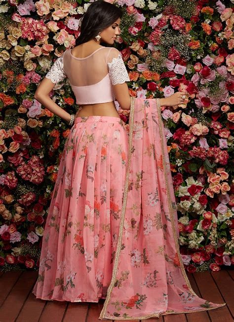 Pink Floral Embroidered Organza Lehenga Indian Fashion Dresses