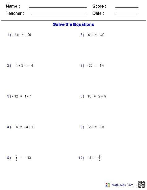 .division math worksheets to learn dividing, division with pictures, division word problems, division of one digit numbers, long division of large numbers, division puzzle, 2nd, 3rd, 4th, 5th, 6th. Pre-Algebra Worksheets | Equations Worksheets | Algebra ...