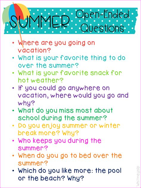 Summer Themed Open Ended Questions And Conversational Startersfor