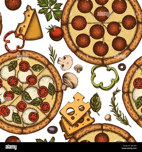 Pizza Seamless Pattern Background Design Engraved Style Hand Drawn