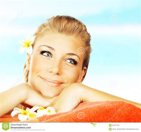 Woman on Spa Massage Bed on the Beach Stock Photo - Image of outdoor ...