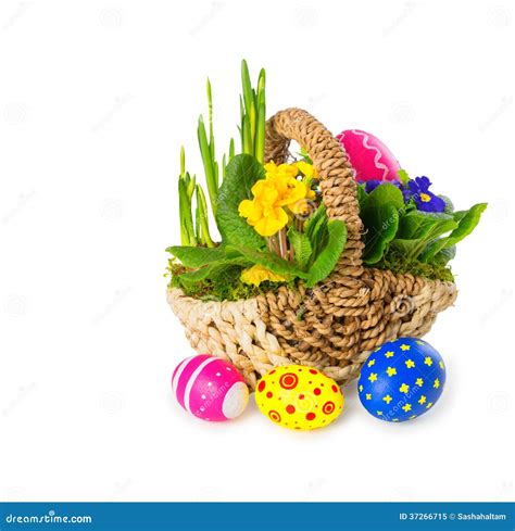 Basket Of Spring Flowers With Easter Eggs Stock Image Image Of Design