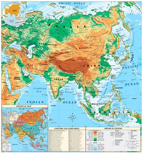 Physical Map Of Asia With Key Map Of World
