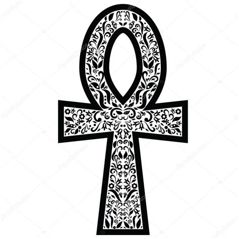 Ankh Cross With Floral Elements In Black And White Tattoo Style