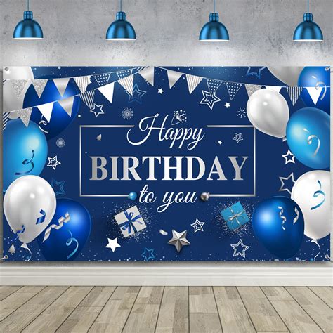 Buy Navy Blue Happy Birthday Backdrop Banner Blue Silver Birthday Party Decorations Sign Photo