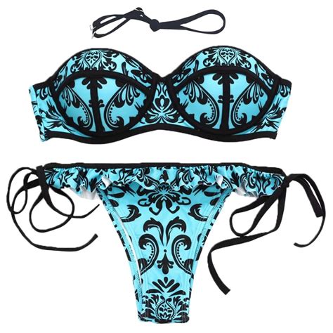 Sexy Women Bikini Printed Bandeau Swimwear Ruched Bathing Suit Tie Side