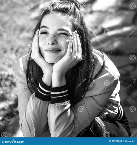 Black White Outdoors Portrait Of Beautiful Emotional Positive Young