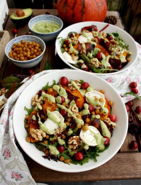 Warm Winter Salad With Pumpkin Goat Cheese Cranberries And Avocado