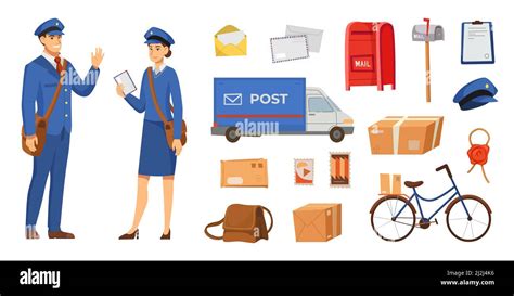 Male And Female Postman Characters Vector Illustrations Set People In