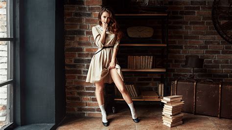 Women Long Hair Brunette Legs Sitting Socks Bricks Dress Books