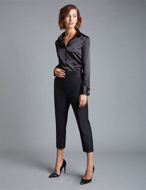 women s black fitted satin shirt double cuff work outfits frauen lässige büromode arbeits