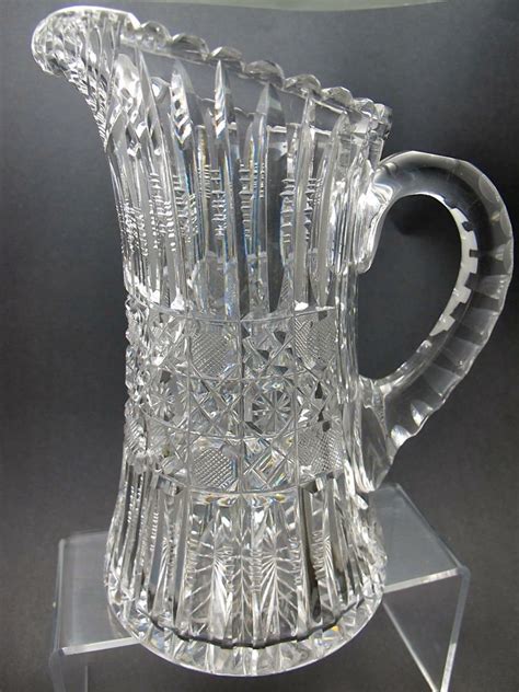 American Brilliant Period Cut Glass Pitcher Antique Harvard Band Crystal