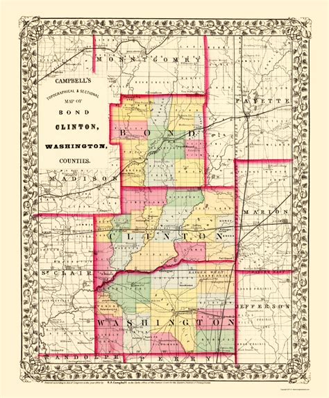 Old County Maps Bond Clinton And Washington Counties Illinois Il By R