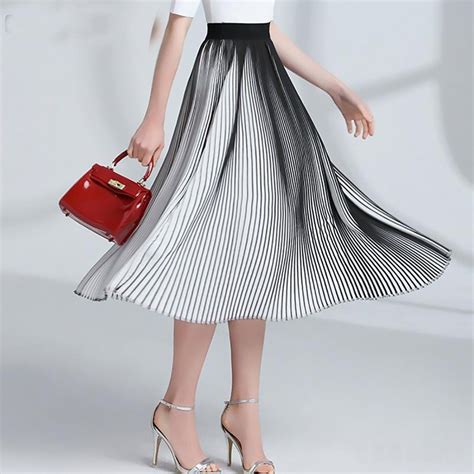 Women S Pleated Skirt Casual Chiffon Long Striped Elastic High Waist For Spring High Waisted
