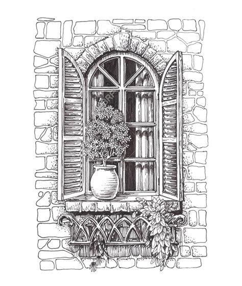 Vintage Window Drawn Sketch Window With Shutters Stock Photo