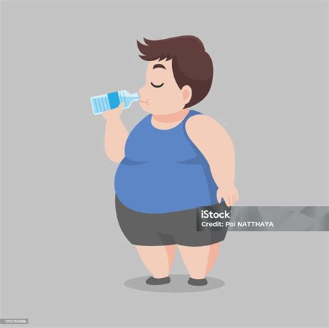 Big Fat Man Drinking Fresh Water Clean Bottle Of Water Good Health Diet