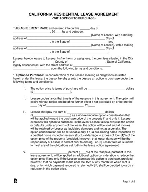 Rental / lease agreement addendum(s). Free California Residential Lease with Option to Purchase ...
