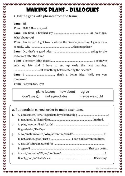 Making Plans Dialogues Exercises English Esl Worksheets For